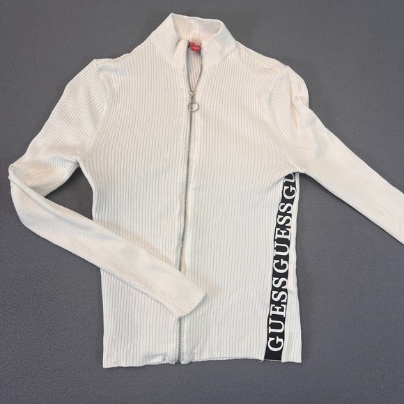 Guess Christien Logo Full Zip Sweatshirt Jacket Ribbed Stretch White Women's Sm - Picture 1 of 10